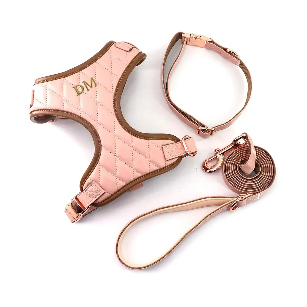Custom Designer Vegan Leather Luxury Pet Harness Adjustable Dog Collar Soft Leather Leash Black Classic Dog Collar Harness Set
