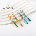 Ason Fashion 18K Gold Plated Jewelry Hoop Earrings Stainless Steel Elegant Green Zircon Long Rectangular Drop Earrings for Women