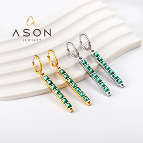 Ason Fashion 18K Gold Plated Jewelry Hoop Earrings Stainless Steel Elegant Green Zircon Long Rectangular Drop Earrings for Women