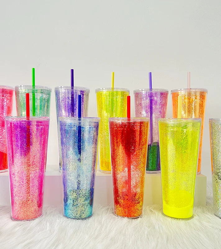 Wholesale 710ml Glitter Laser Double Wall Tumbler Plastic Tumblers Water Bottle  Tumbler Plastic Coffee Mugs with Straw and Lid