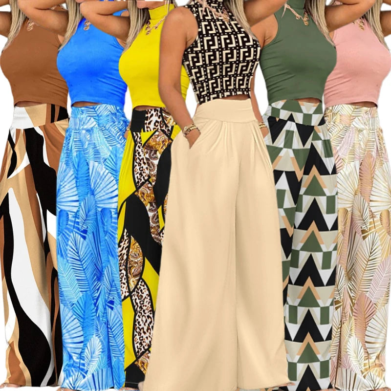 Spring Summer Fall Plus Size Women Clothes Ladies Casual Sleeveless Printing tank Crop Top Wide Leg Pants Two Piece Women's Sets