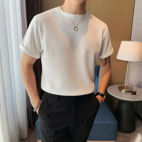 M-5XL Summer Men's Korean Loose Knit Short Sleeved T-shirt Underlay Solid Color Casual T-shirt
