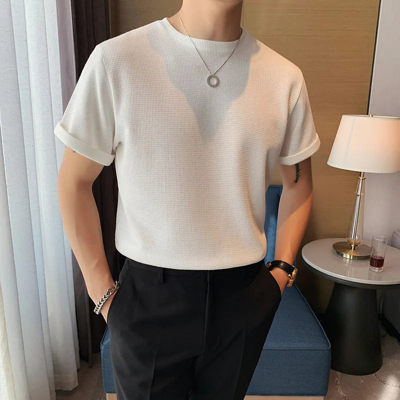 M-5XL Summer Men's Korean Loose Knit Short Sleeved T-shirt Underlay Solid Color Casual T-shirt