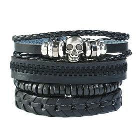 Manufacturer Direct Selling Vintage Woven Genuine Leather Punk Rock Skull Adjustable Cuff Unisex Bracelet Fashion Jewelry