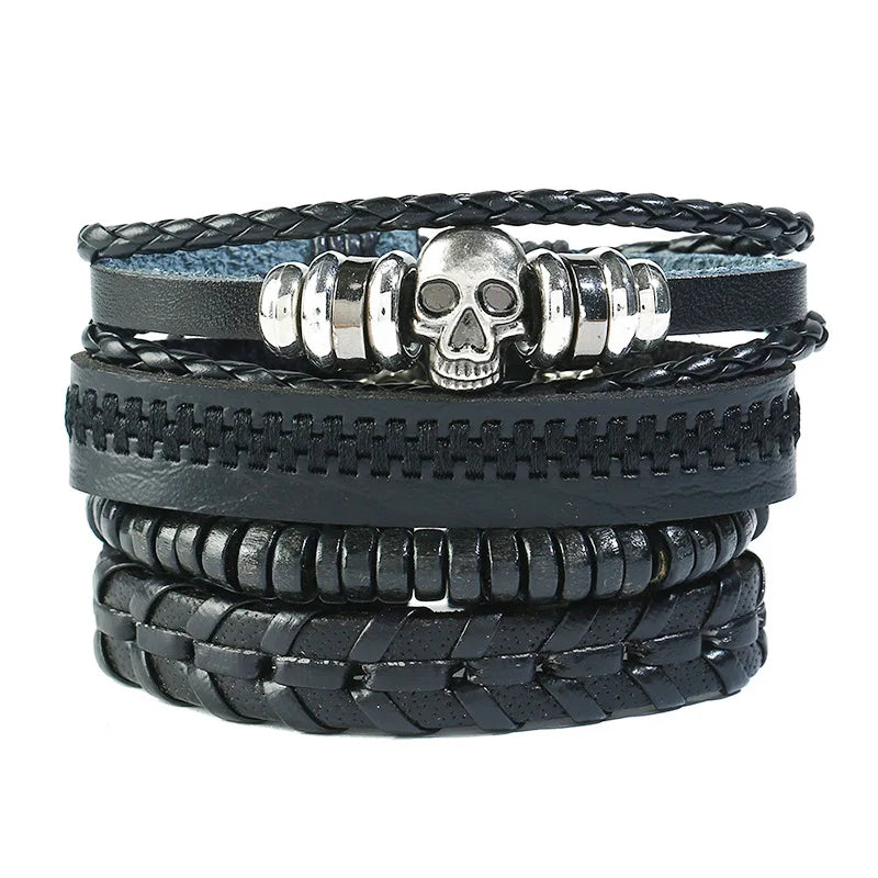 Manufacturer Direct Selling Vintage Woven Genuine Leather Punk Rock Skull Adjustable Cuff Unisex Bracelet Fashion Jewelry