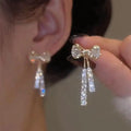 Geometric Crystal Drop Bowknot Earrings for Women Gold Plated Alloy with Trendy Diamond Dangle Bling Bling Cubic Zirconia