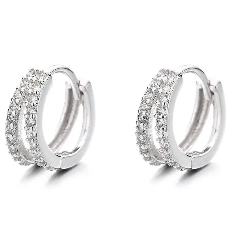 Wholesale Custom Fine Jewelry Earrings Women Diamond Double Row Cubic Zirconia CZ Hoop Huggie Earrings