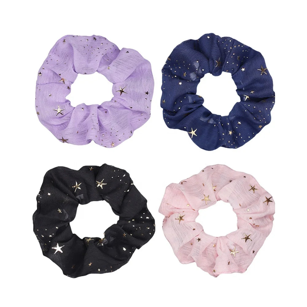 Wholesale Hair Accessories Elastic Ponytail Holders Designer Chiffon Mesh Gold Star Printed Pattern Hair Tie Scrunchy Scrunchies