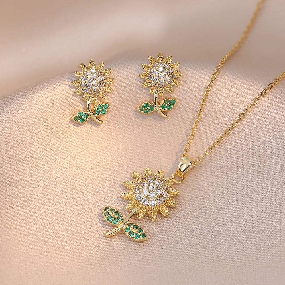 Minimalist Wedding Jewelry Set Stainless Steel Flower Zircon Necklace Earrings Set Sunflower Jewelry Set for Women
