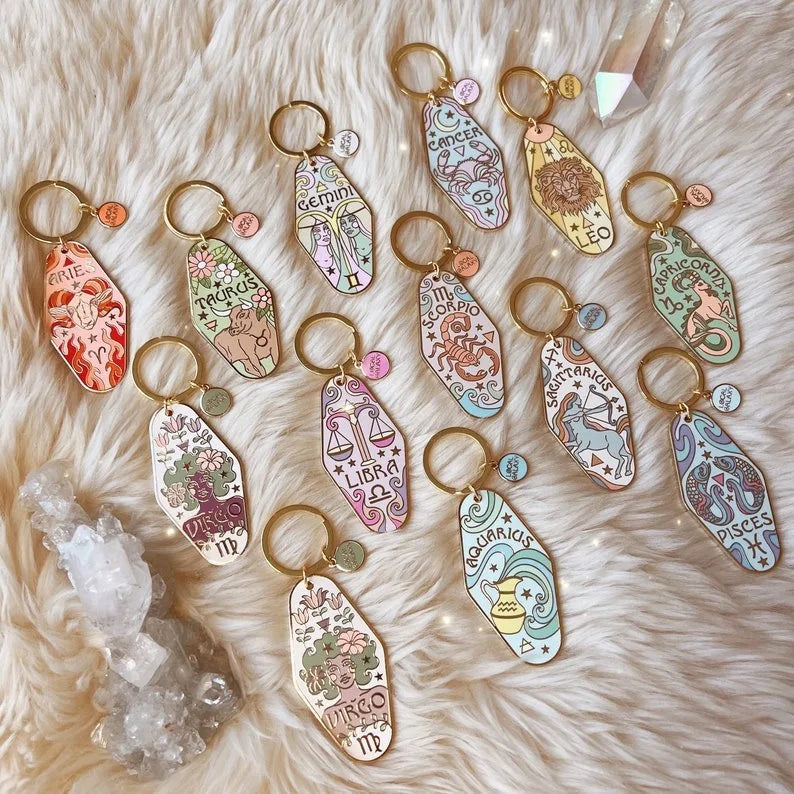 Wholesale Metal Astrology Zodiac Hotel Enamel Keychain Doughnut Key Chain Zodiac Motel Keychain