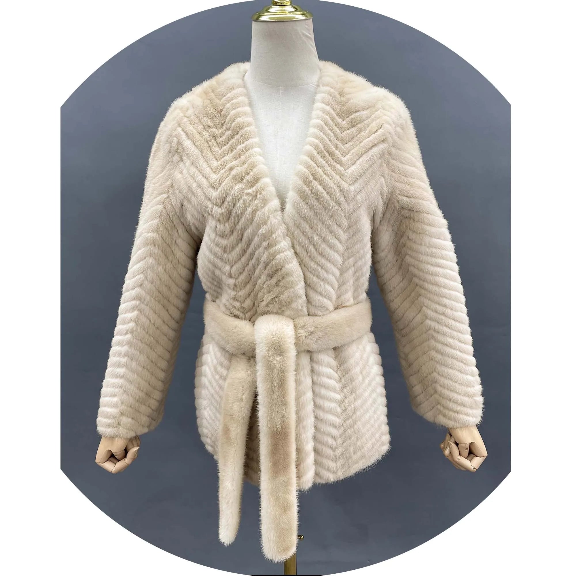 Elegant Belt Style Women Real Mink Fur Coat for Winter