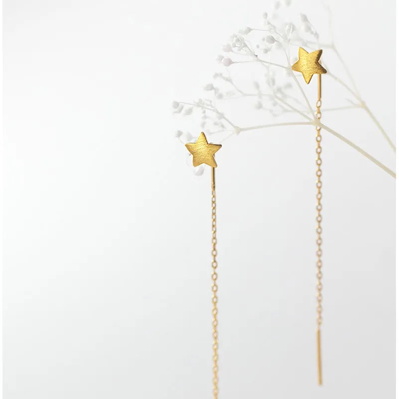 925 Sterling Silver Small Star Shape Ear Threader 18K Gold Plated Long Tassel Chain Dangle Drop Earrings Jewelry for Women