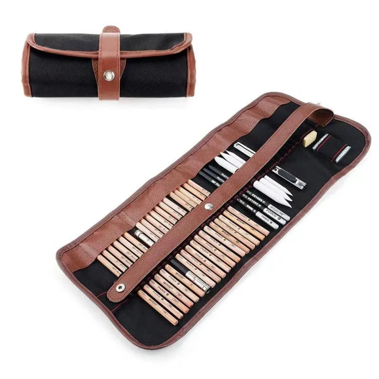 29-Piece Professional Basswood Charcoal Pencil Art Set HB Hardness High Quality Smooth Hexagonal Sketching Drawing Canvas Bag