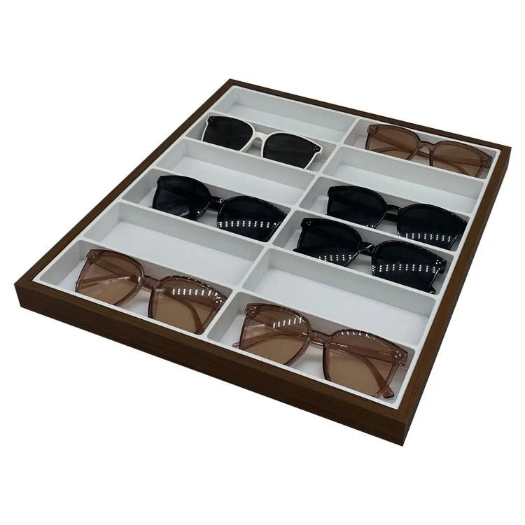 Dark Walnut Veneer Wood 12 Slot Eyewear Sunglasses Spectacles Organizer Display Tray