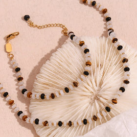 Tiger Eye Gemstone Jewelry Set Beaded Natural Stone Stainless Steel Necklace Gold Plated Jewelry 2024
