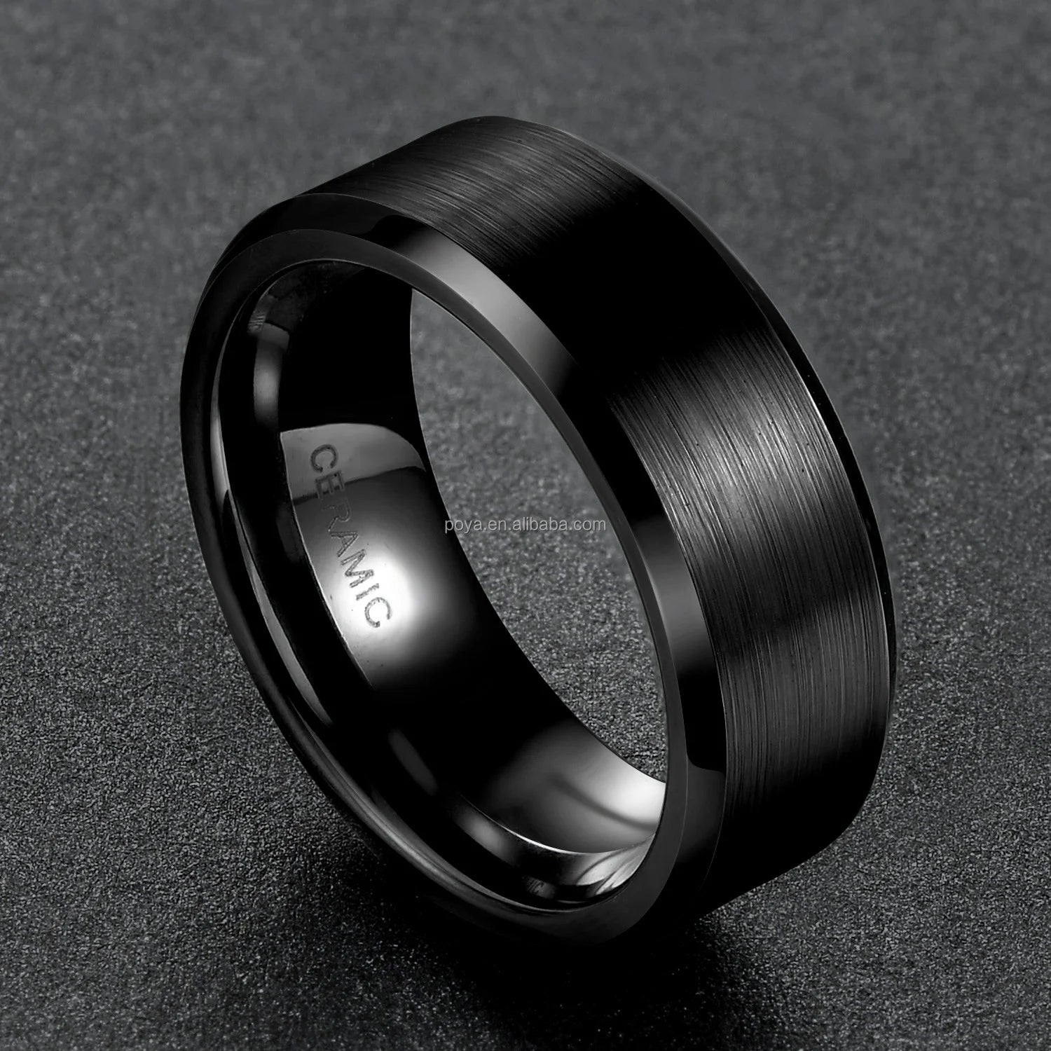 POYA 4mm 6mm 8mm Black Ceramic Brushed Middle Beveled Edge Simple Band for Men Women Jewelry Gift
