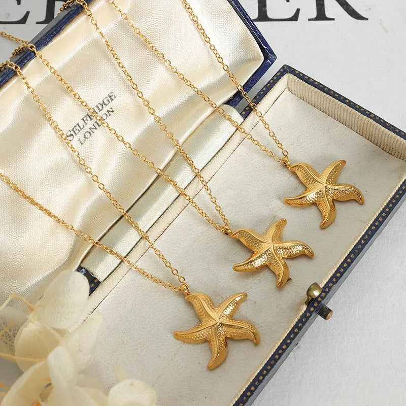 High End Vintage Ocean Star Jewelry Waterproof Gold Plated Stainless Steel Starfish Pendant Necklace Collier En Acier Inoxydable