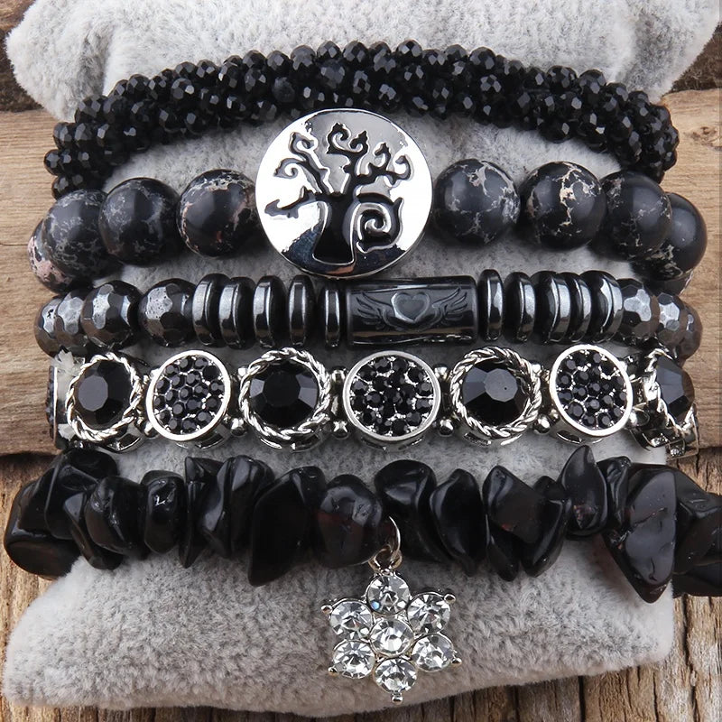 Women Boho Custom Jewelry Natural Stone Square Crystal Bracelet Spider Flower Charm Hematite Gemstone Stack Bracelets Set