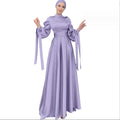 New European and American Women's Standing Collar Satin Dress Soft and Beautiful Waist Tied BBble Sleeve Long Dress