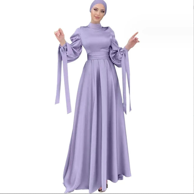 New European and American Women's Standing Collar Satin Dress Soft and Beautiful Waist Tied BBble Sleeve Long Dress
