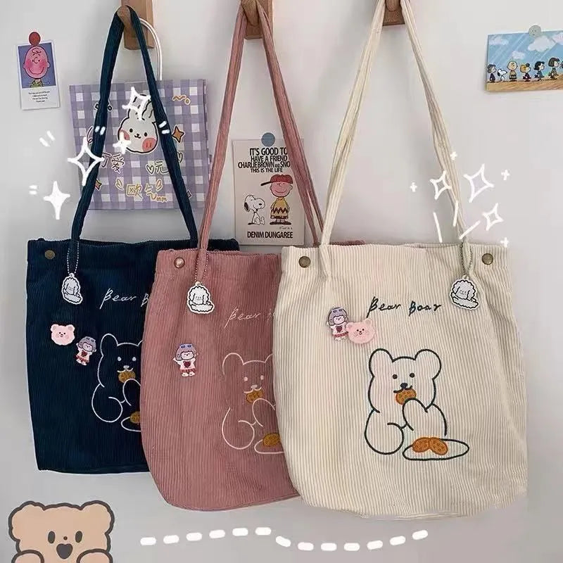 Embroidery Cute Bear Corduroy Shopping Tote Bags with Custom Printed logo Woman's Shoulder Bag