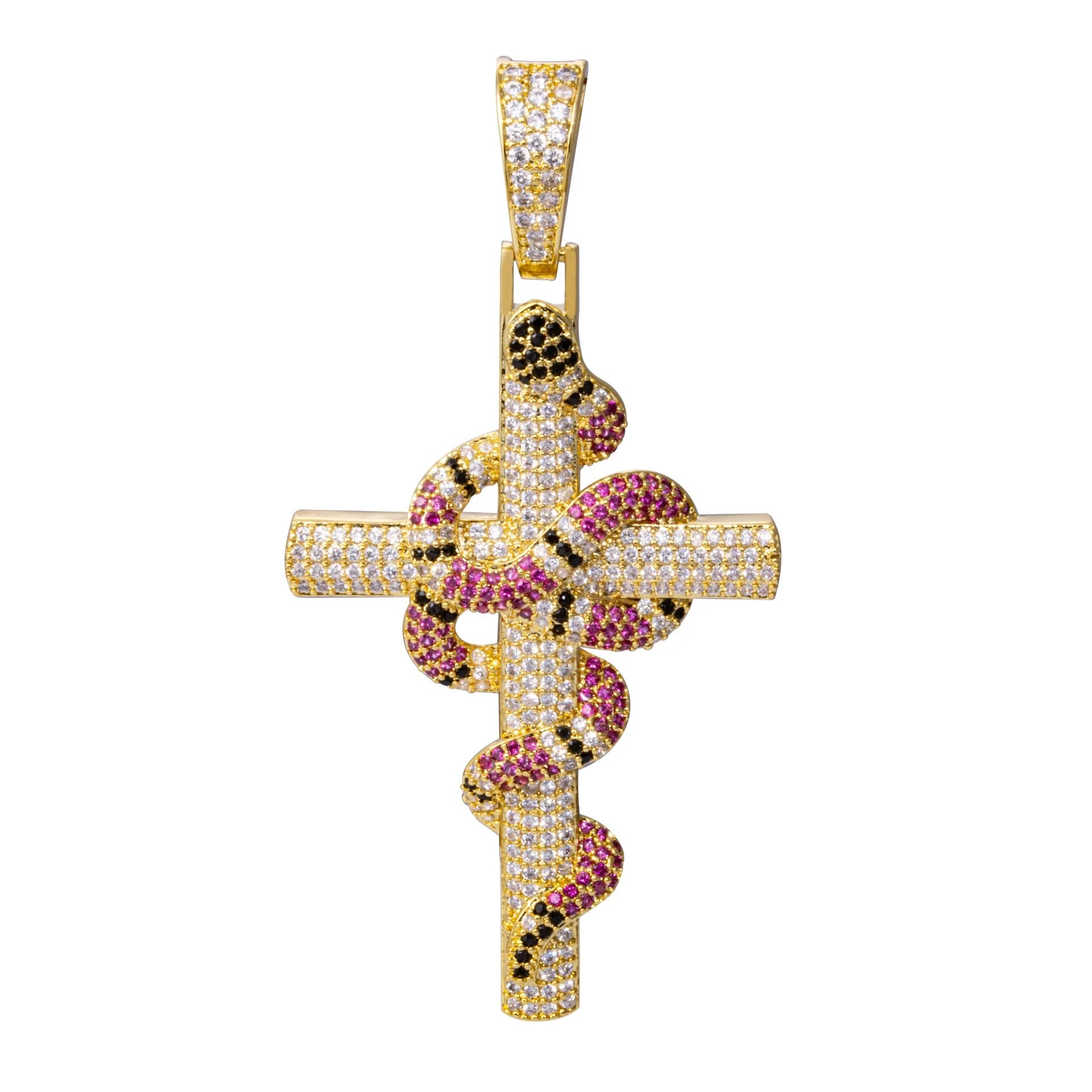 Hip Hop Mens Cross Snake Pendant Necklace Real Gold Plated Iced Out Zircon Stone Brass Pendant Charm Necklace Religious Jewelry
