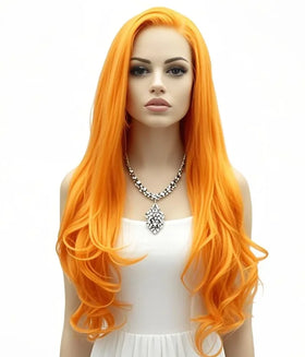 European American Orange Long Curly Wig Heat Resistant Synthetic Fiber Lace Front Factory Direct Sales for Women Natural Shine