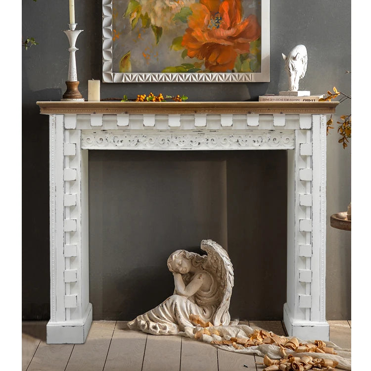 Wholesale Rustic Distressed White Carved Decorative Wood Indoor Console Table Home Furniture for Living Room for Fireplace