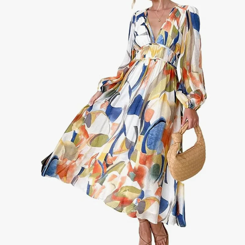 RNSHANGER Boho Floral Print Casual Women Dress Casual Long Beach Party Maxi Dress Breathable Natural Waistline Autumn Dress
