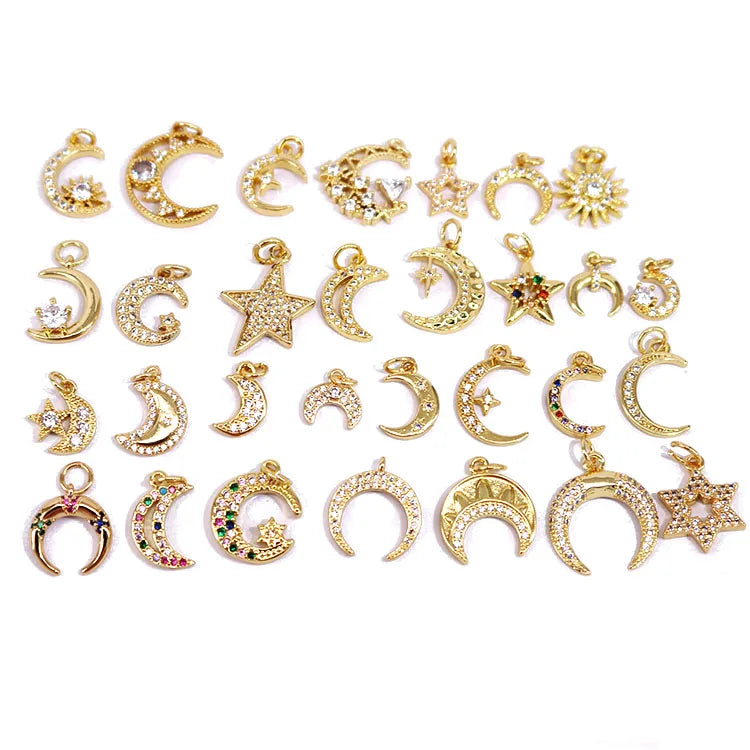 CZ8330 18K Gold Plated Brass Mini Star Moon Charm Pendants CZ Micro Pave Crescent Charms for Bracelet Earring Jewelry Making