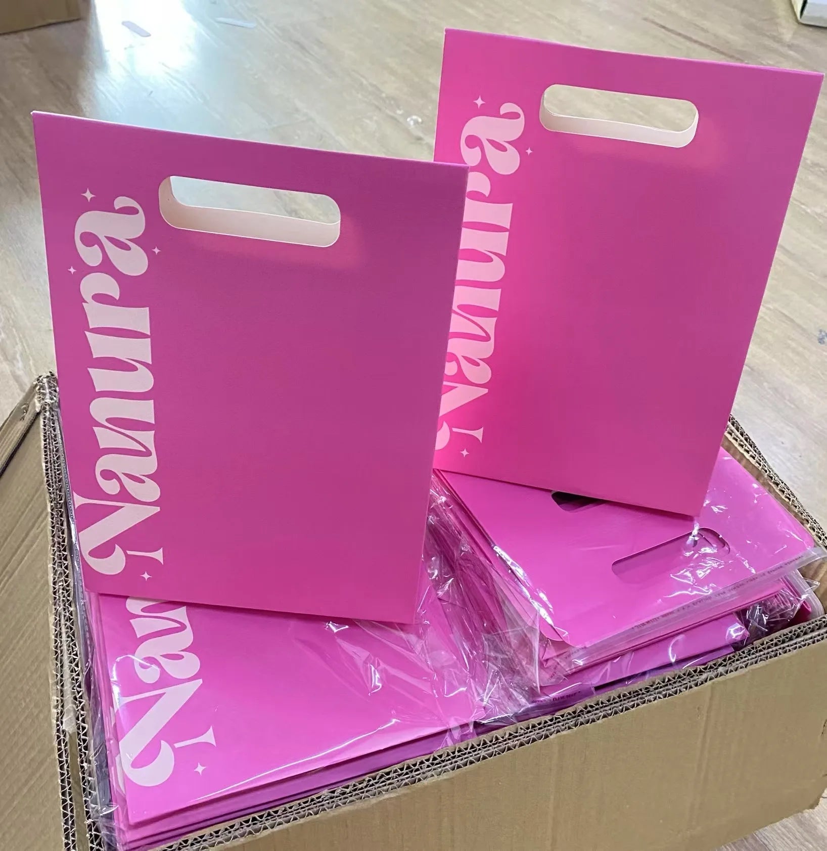 Custom Recycled Clothes Packaging Gift Bag With Ribbon Handle Luxury Pink Shopping Paper Bags With Your Own Logo