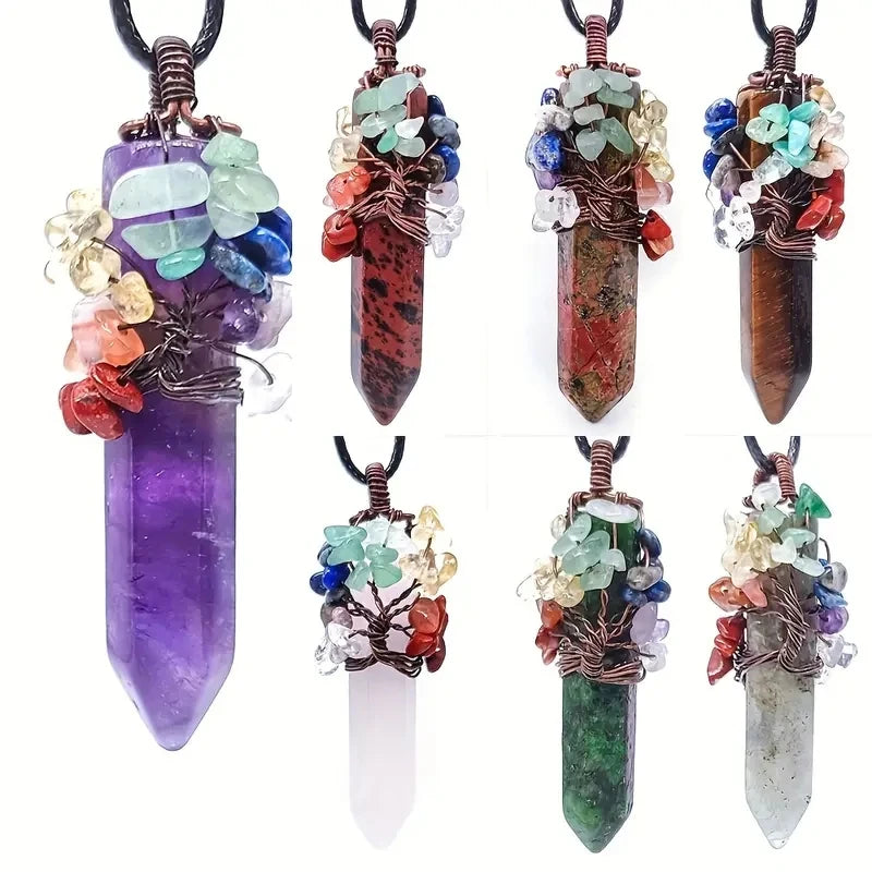 Tree of Life Pendant Natural Stone Amethyst Green Aventurine Rose Quartz clear Quartz Tiger-eye Pendant for Women Men Jewelry