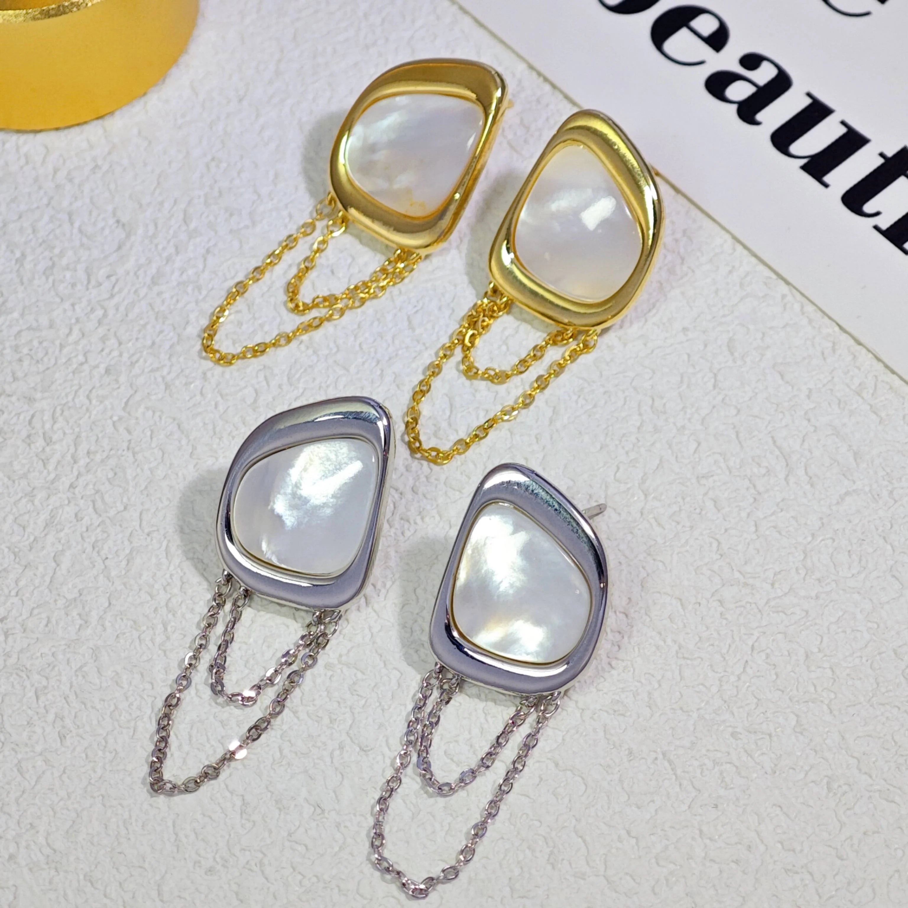 Ilona Minimalist Mother of Pearl Tassel Earrings Gold Silver Plated Copper Irregular Drop Studs Elegant Old Money  Jewelry