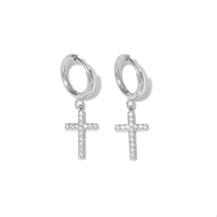 Popular Simple Wholesale  Unisex Stainless Steel Cross Pendant Gemstones Hoop Earrings