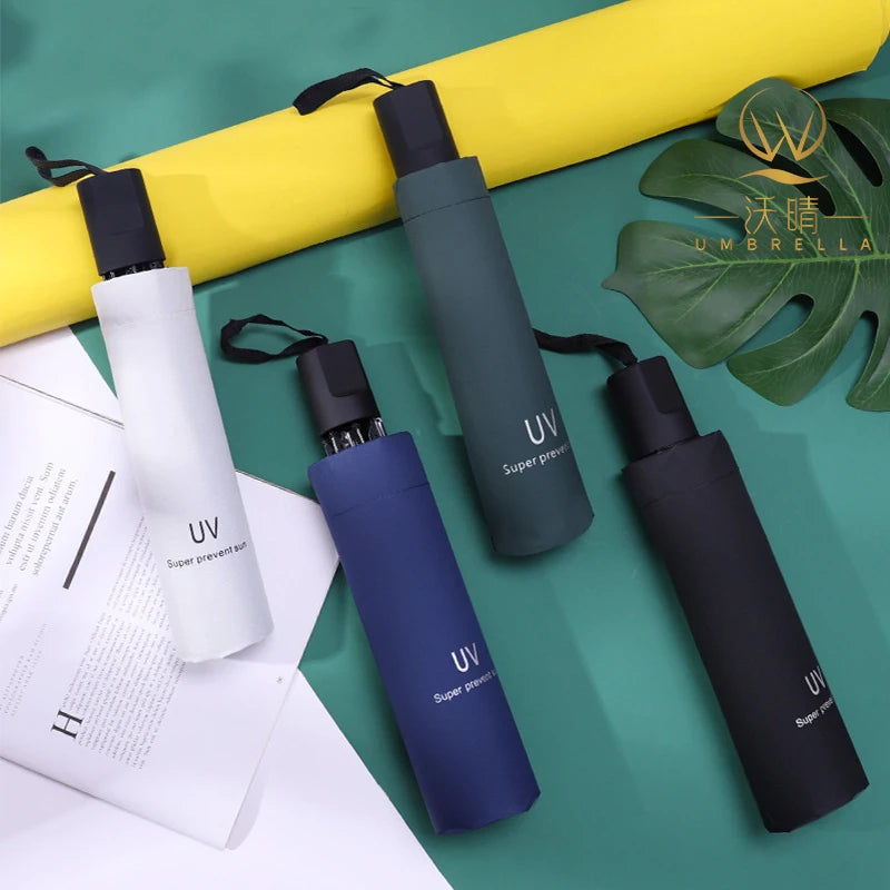 Minimini Portable UV Vinyl Compact Rain Sun Umbrella Three-Folding Minimalist Design for Adults Automatic Opening Plastic Travel