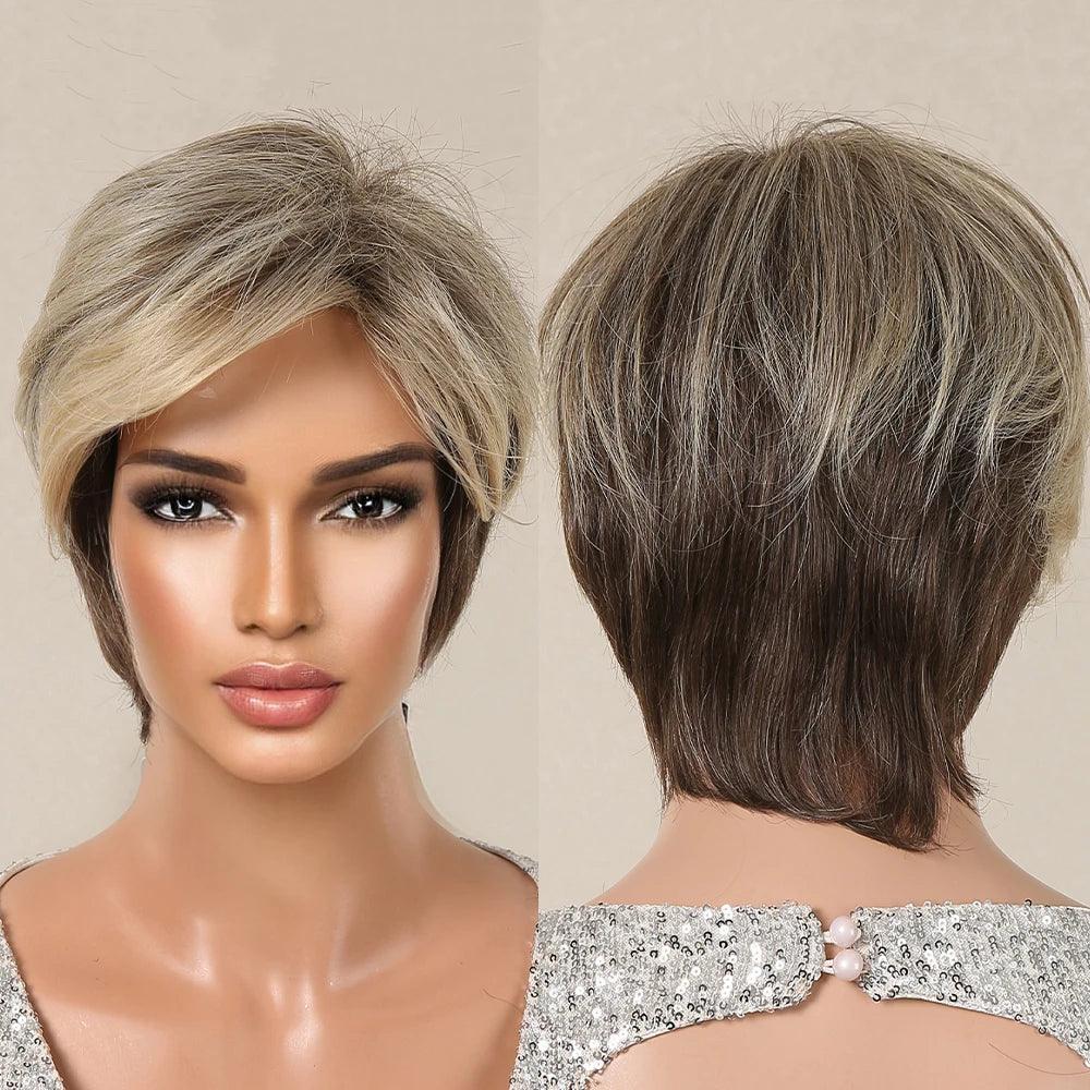 Factory Fast Delivery Brown Blonde Ombre Pixie Cut Synthetic Heat Bob Wigs With Bangs Straight Layered Hair Wig