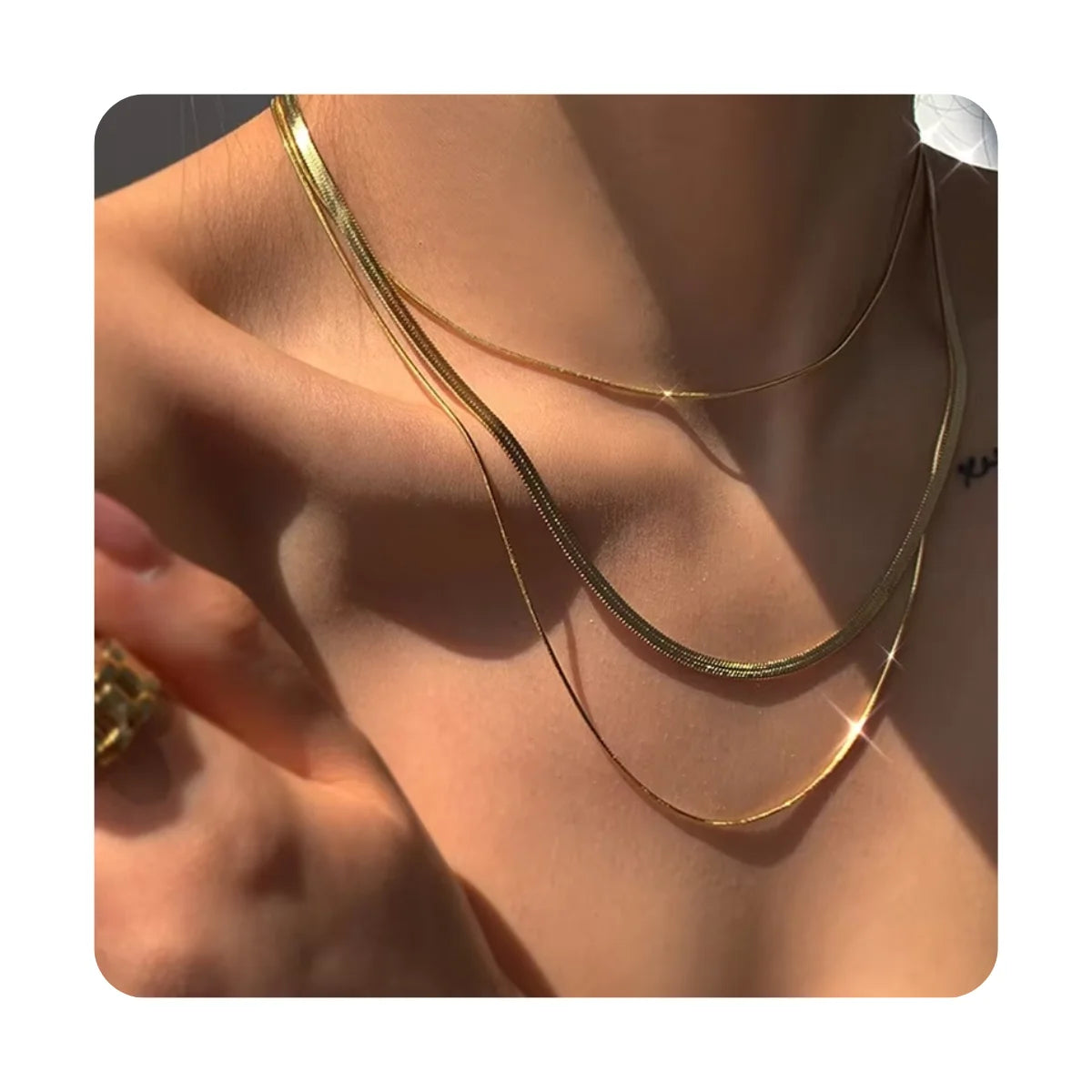 18K Gold Plated 3 Pcs/Set Flat Snakebone Layered Necklaces Wide Herringbone Necklaces for Women Vintage Stainless Steel Jewelry