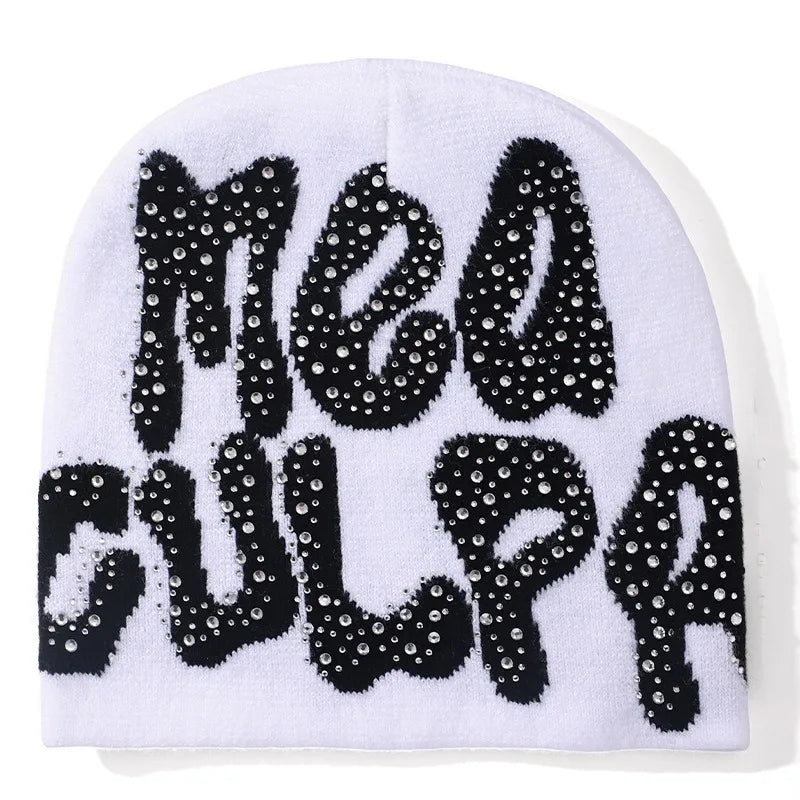 Custom Women's Y2K Jacquard Beanie Shiny Bling Rhinestone Winter Knit Ski Hat Soft Stretchy Snow Hat for Beach Wear