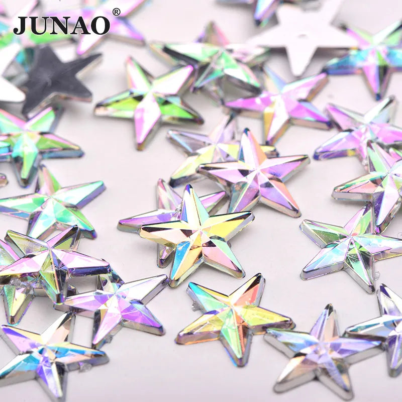 JUNAO 8mm 10mm 12mm 14mm Acrylic Star Rhinestones Non Hotfix Star Stones Bulk Flatback Crystals Diamonds for Decoration