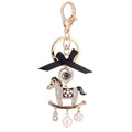 Korean Ins Pearl Black Enamel 3D Carousel Horse Pendant Keyring Rhinestone Crystal Carousel Keychain for Girl