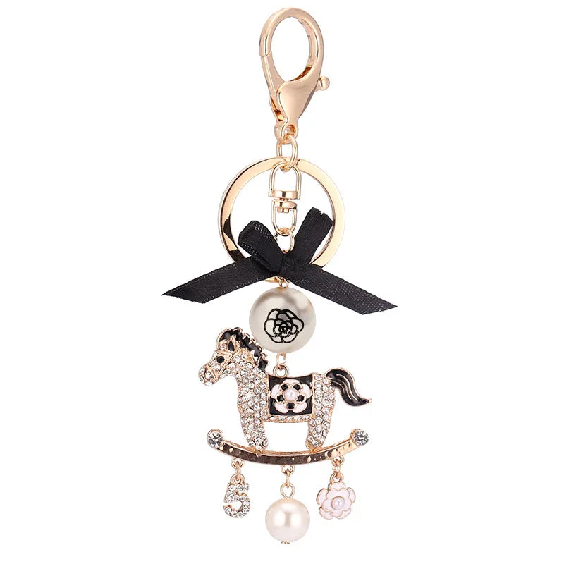 Korean Ins Pearl Black Enamel 3D Carousel Horse Pendant Keyring Rhinestone Crystal Carousel Keychain for Girl