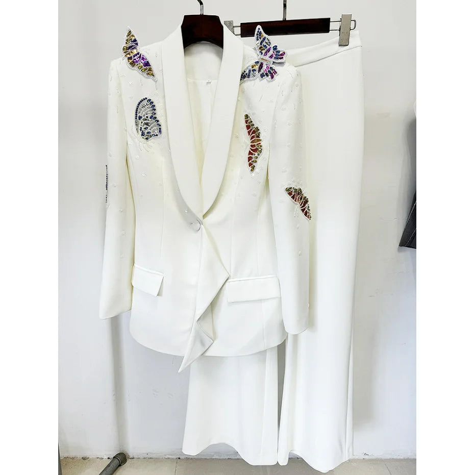 A9811 European and American Style Formal Fashion Women Suit Butterfly Beading White Single Button Jacket and Loose Trousers Set