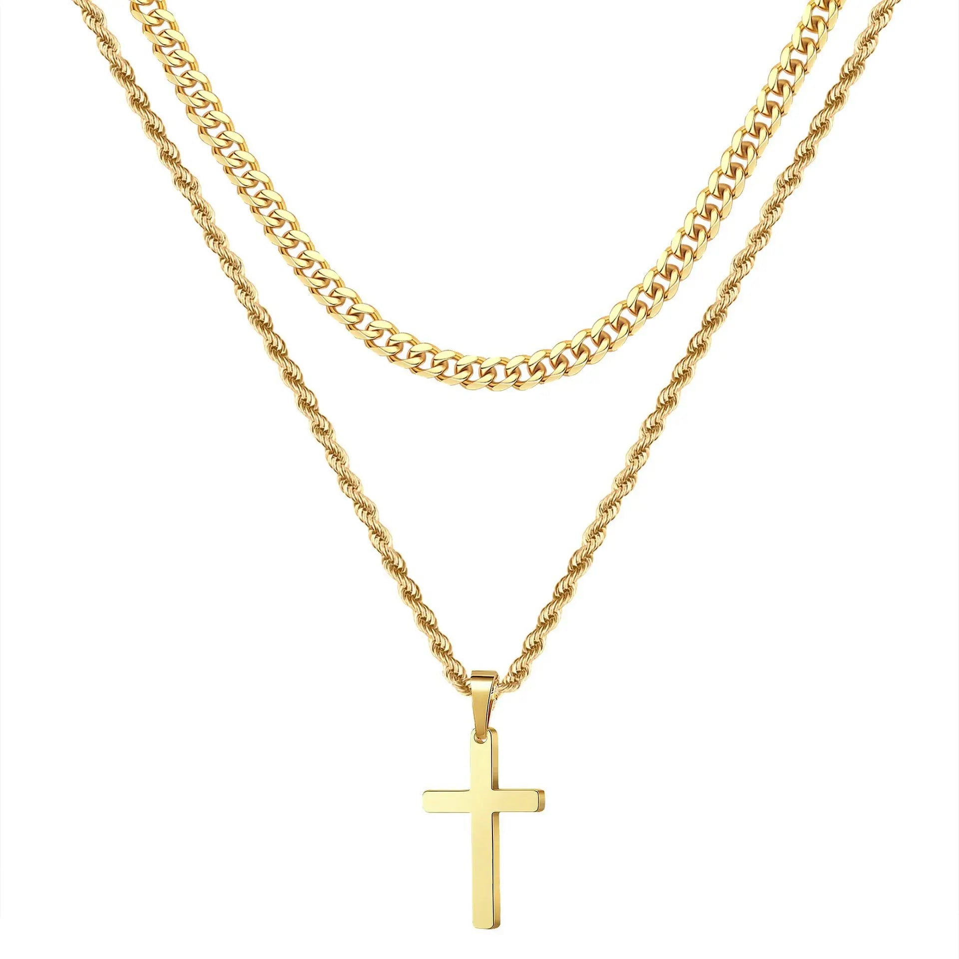 HOVANCI Stainless Steel Classic Christian Cross Necklace Fashion Men Jewelry Double Layer Cross Pendant Necklace for Gift