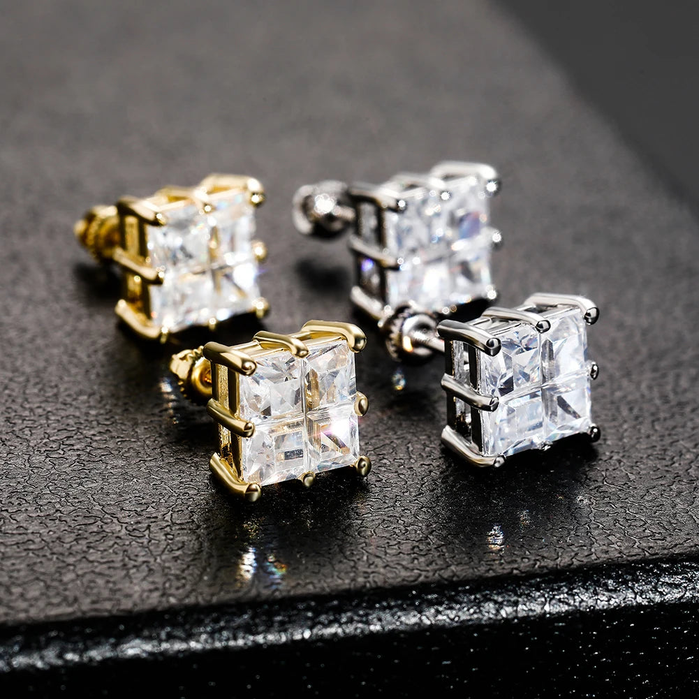 Hip Hop Gold Silver Color Earrings Iced Cubic ZirconCZ baguette Shape Baguette Stud Earrings for Women Jewelry
