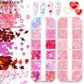 New 12 Grids Valentine's Day Nail Art Glitter Red Heart Star Design Nail Decorations 3D Holographic Nail Art Glitter
