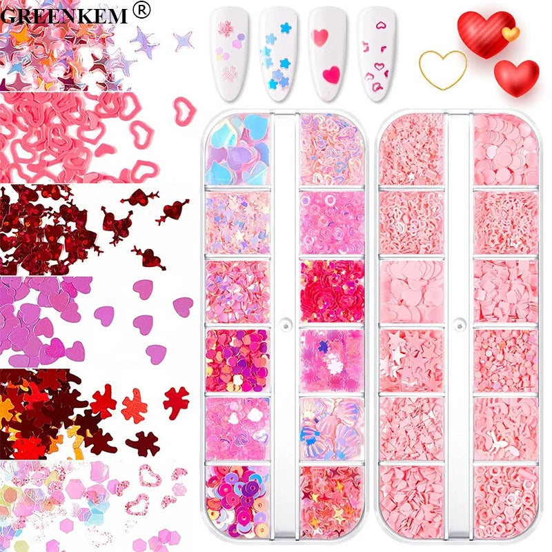 New 12 Grids Valentine's Day Nail Art Glitter Red Heart Star Design Nail Decorations 3D Holographic Nail Art Glitter
