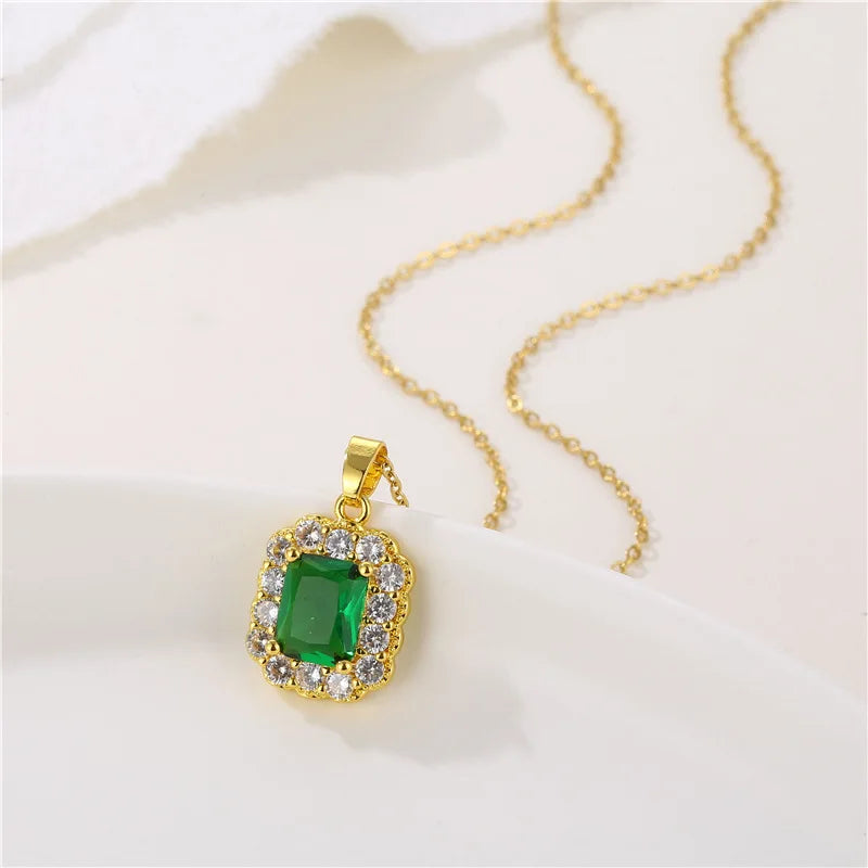 SC Fashion Stainless Steel Zircon Necklace Luxury Gold Clavicle Chain Emerald Necklace Adjustable Green Gemstone Square Necklace