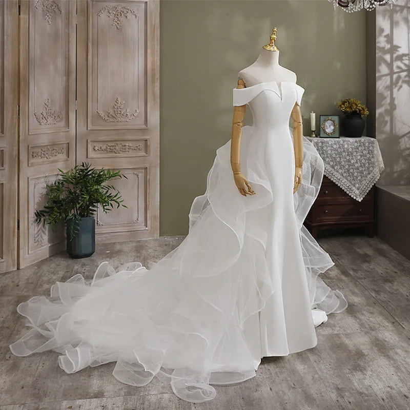 Mermaid Wedding Dresses With Detachable Skirt Off the Shoulder Satin Bridal Gowns Ivory Wedding Dress Vestido De Noiva
