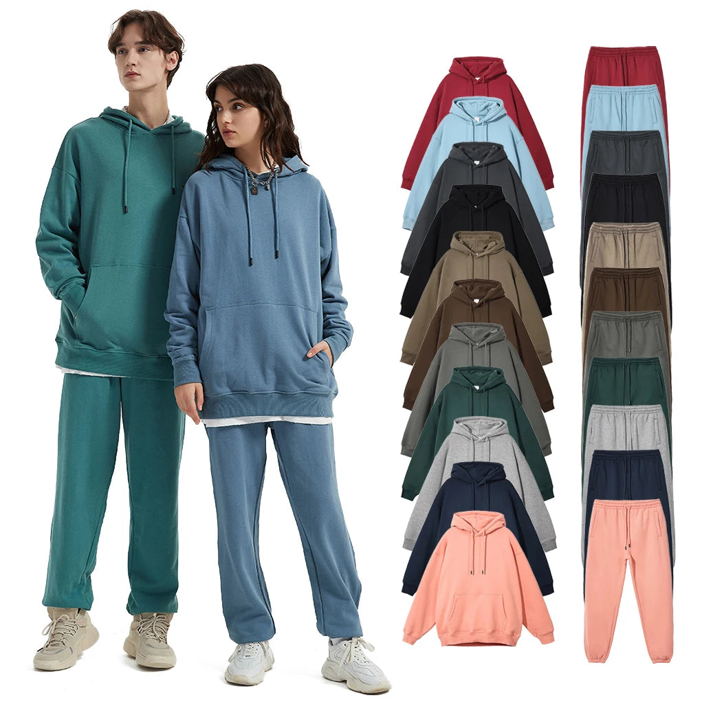 Unisex 360gsm Cotton Polyester Sweatsuit Sweatpants and Hoodie Set Custom Logo Puff Print Embroidery Tracksuits