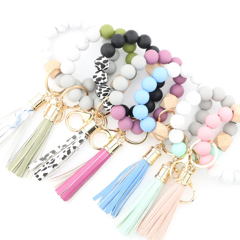 Custom Silicone Beads Elastic Bangle Bracelet Keychain Leather Tassel Silicone Beads Bracelet Wristlet Keychain